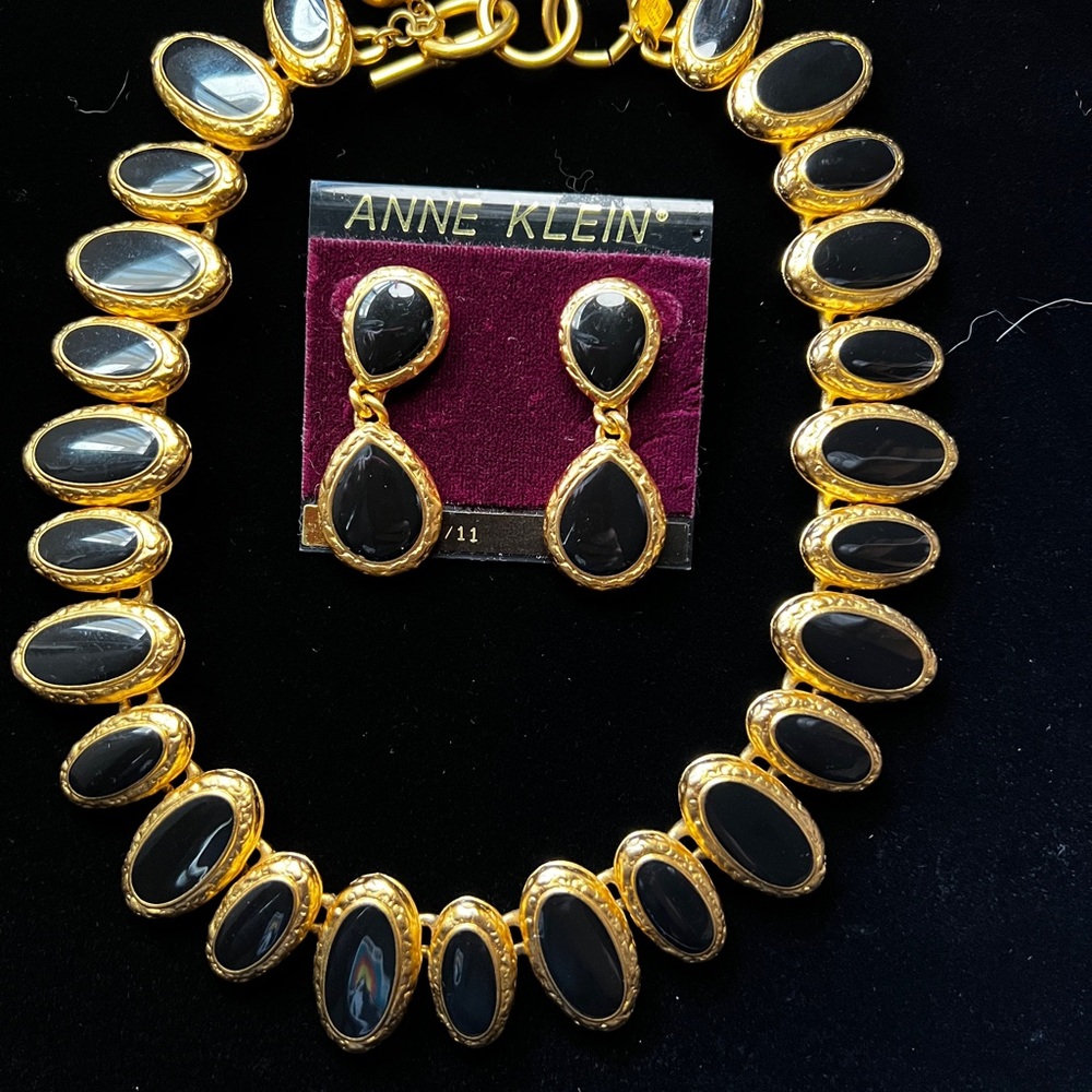 Signed Anne Klein Gold-Tone Necklace and Drop Earrings with Black Oval Stones